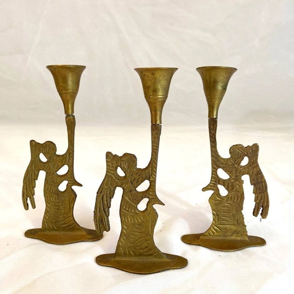 VTG Christmas Brass‎ Angel Candlestick Holders Set of 3 Holiday 6" India 80s 90s